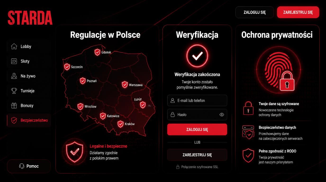 Mapa Polski z ikonami regulacji i prywatności na tle interfejsu kasyna