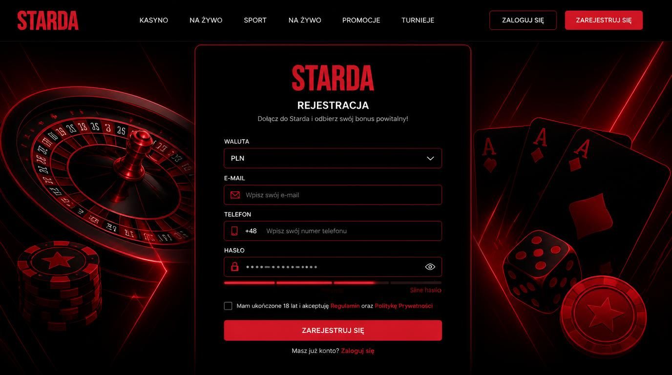 formularz rejestracyjny Starda Casino z opcją PLN i polskim numerem telefonu