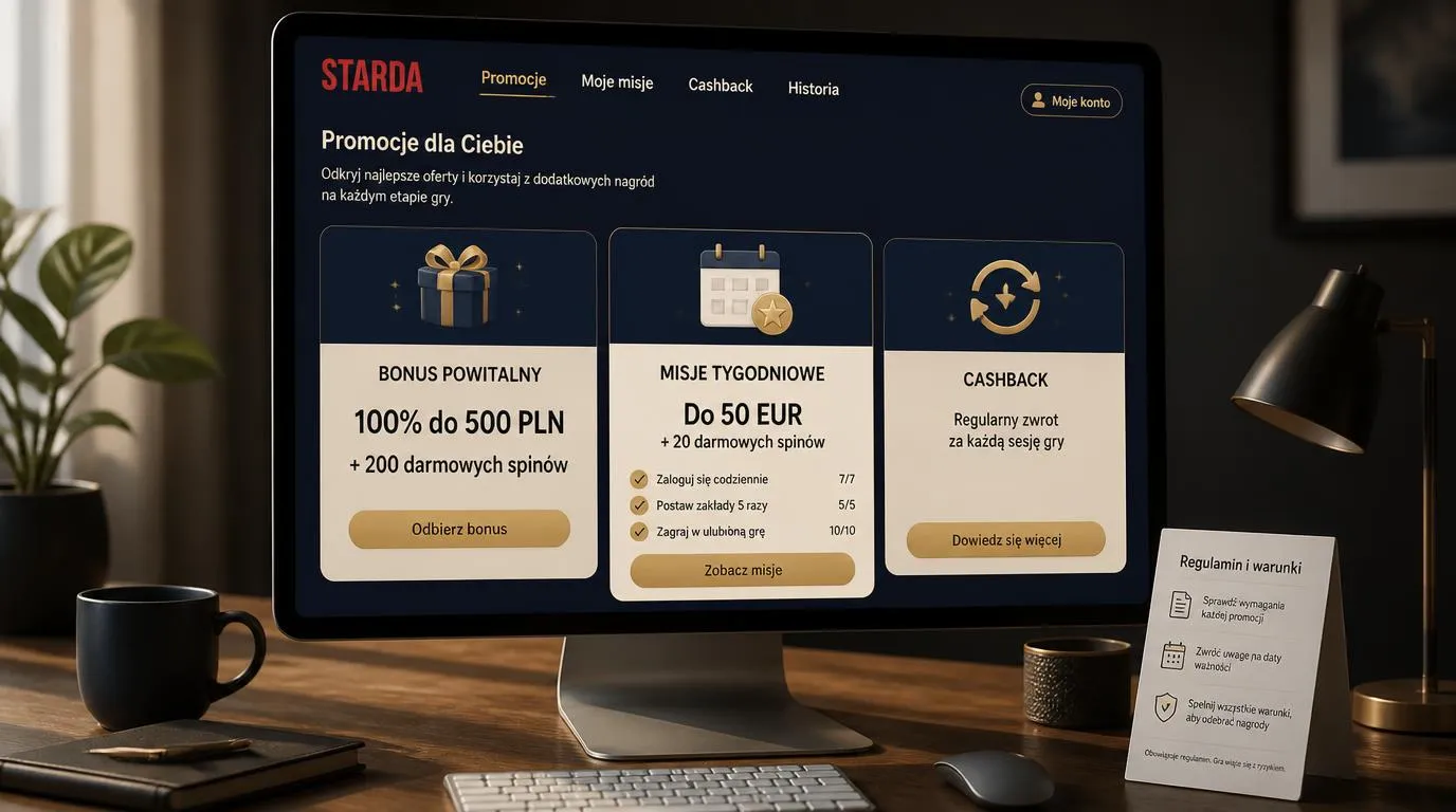 Panel promocji kasynowych z bonusem powitalnym, tygodniowymi misjami i kartą cashbacku