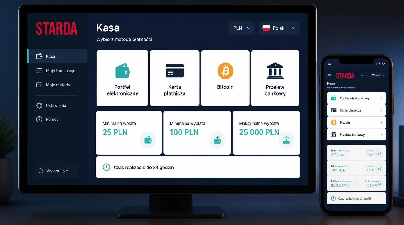 Panel kasy kasyna z metodami płatności, kontem w PLN i progami wpłat oraz wypłat