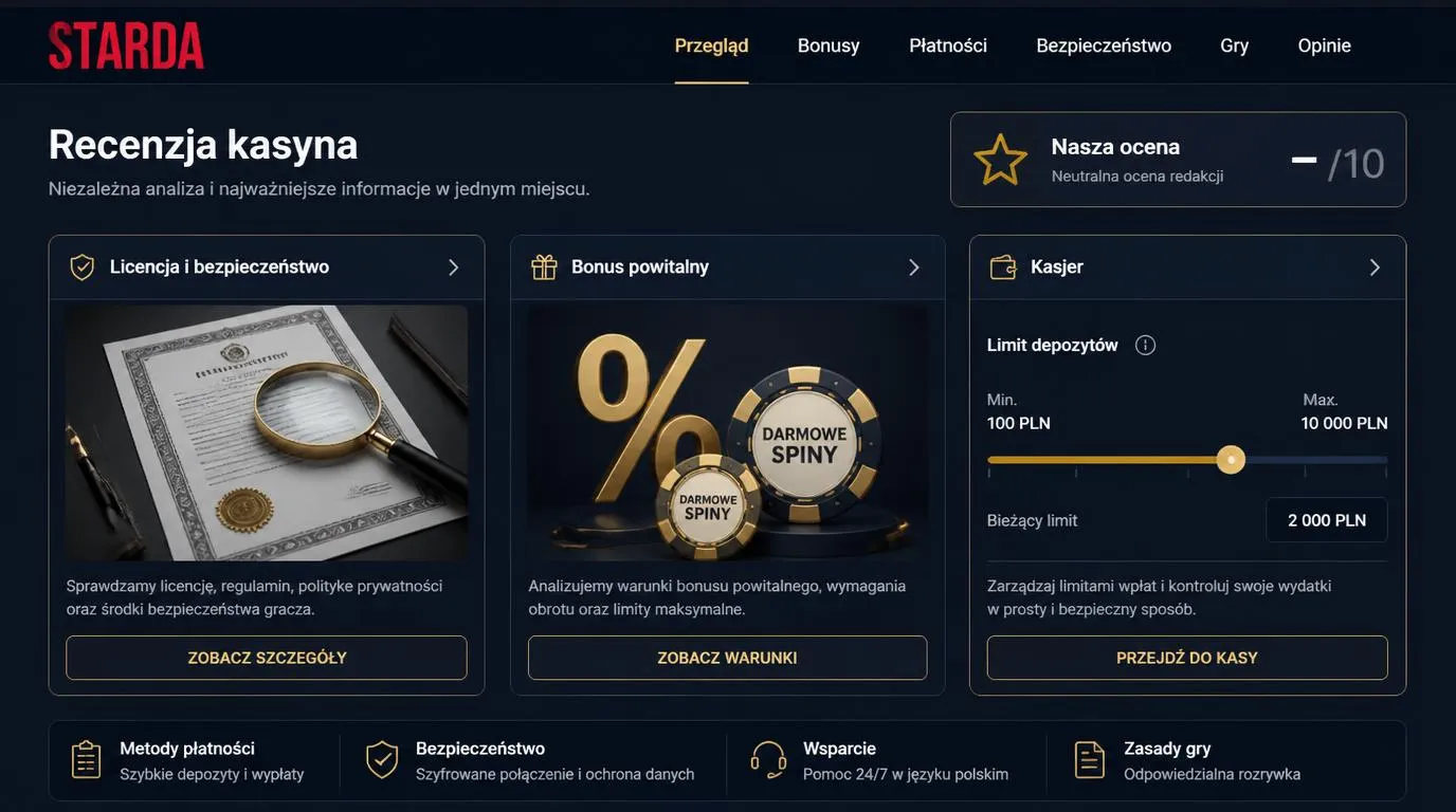 Panel oceny kasyna z warunkami bonusu, informacjami licencyjnymi i ustawieniem limitu wpłaty