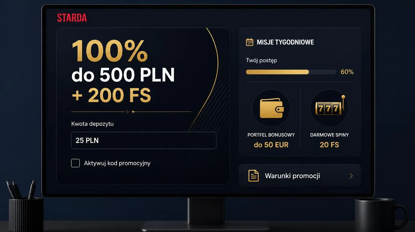 Panel oferty powitalnej 100% do 500 PLN i 200 FS z polem depozytu 25 PLN oraz kartą tygodniowych misji