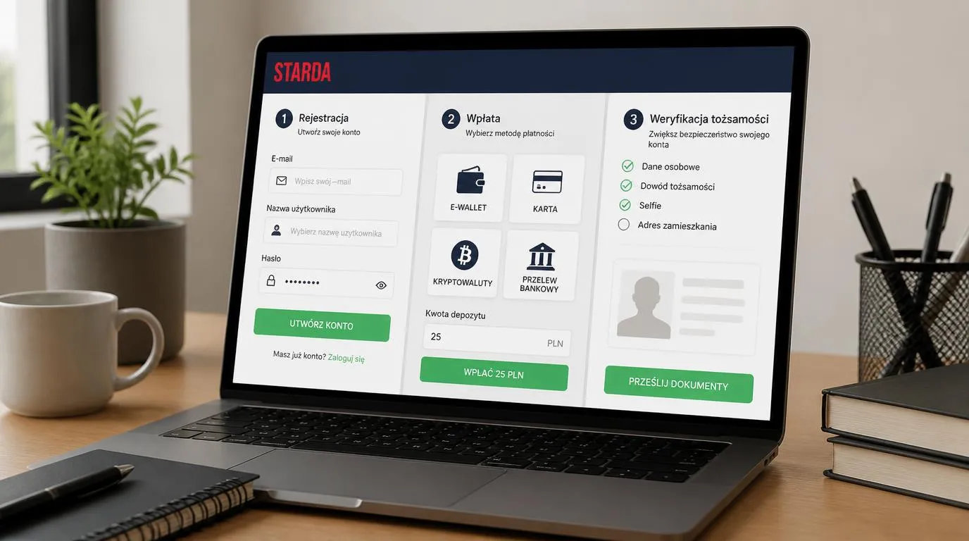 Ekran rejestracji, kasjer z wyborem płatności i panel weryfikacji tożsamości na laptopie